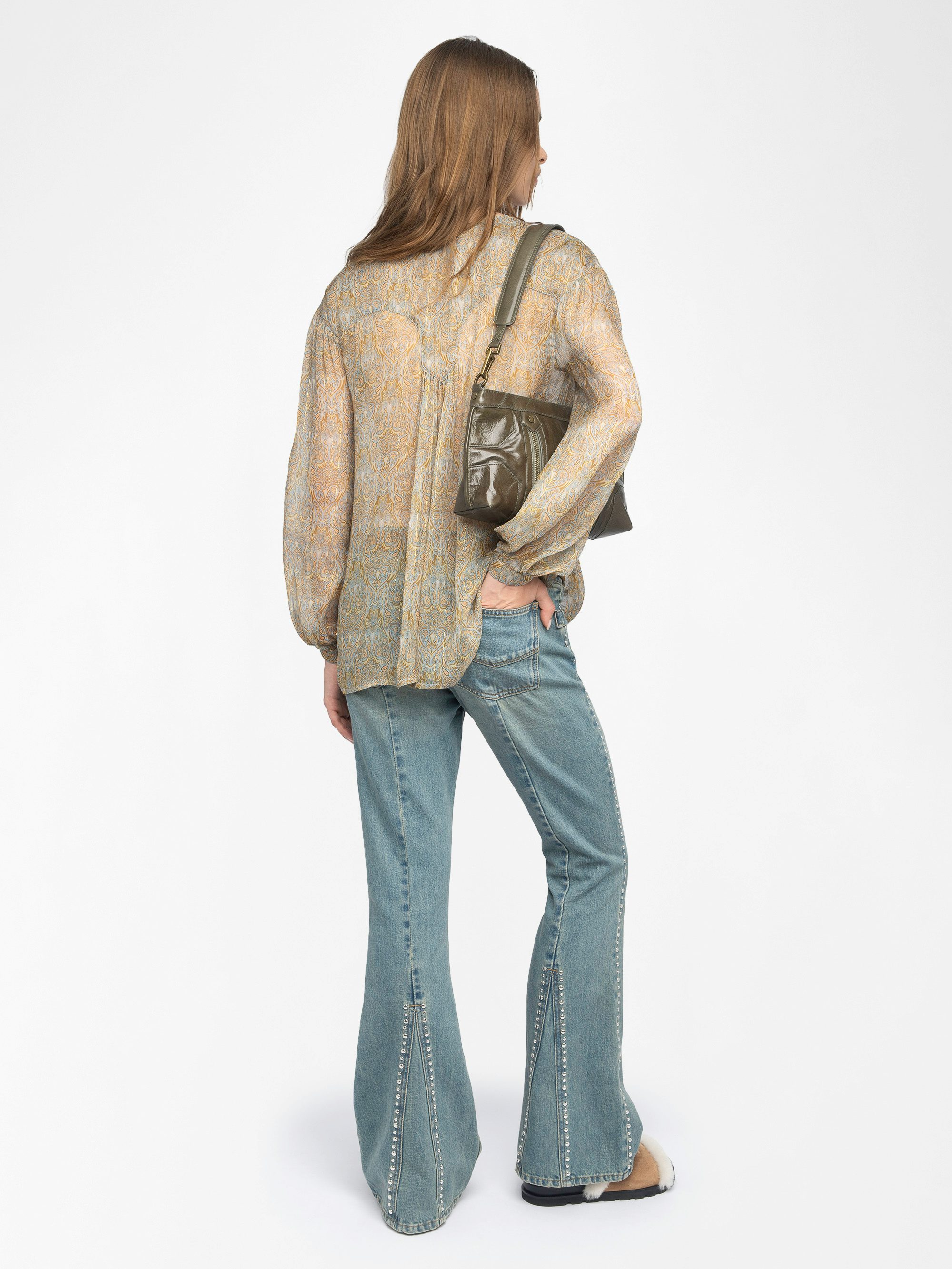 Tamela Shirt - Printed chiffon shirt with golden stripes, long balloon sleeves, western yoke and laced neckline.